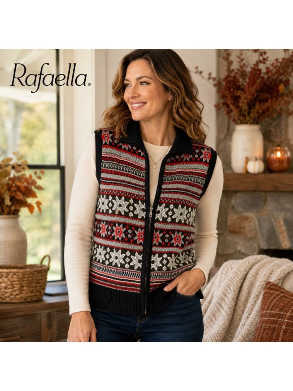 Rafaella Sweater Vest Womens M Embroidered Fair Isle Zip Front Cotton Ramie Knit